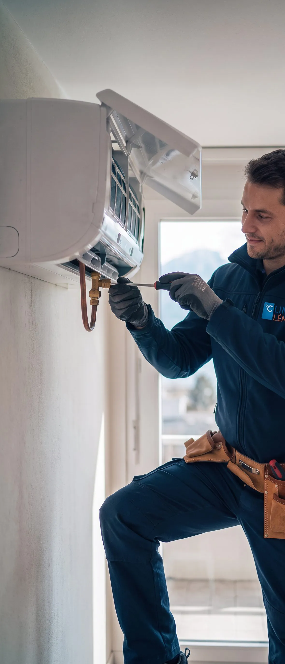 Climat Léman technician assembling a wall-mounted air conditioning unit in a Swiss apartment overlooking Lake Geneva